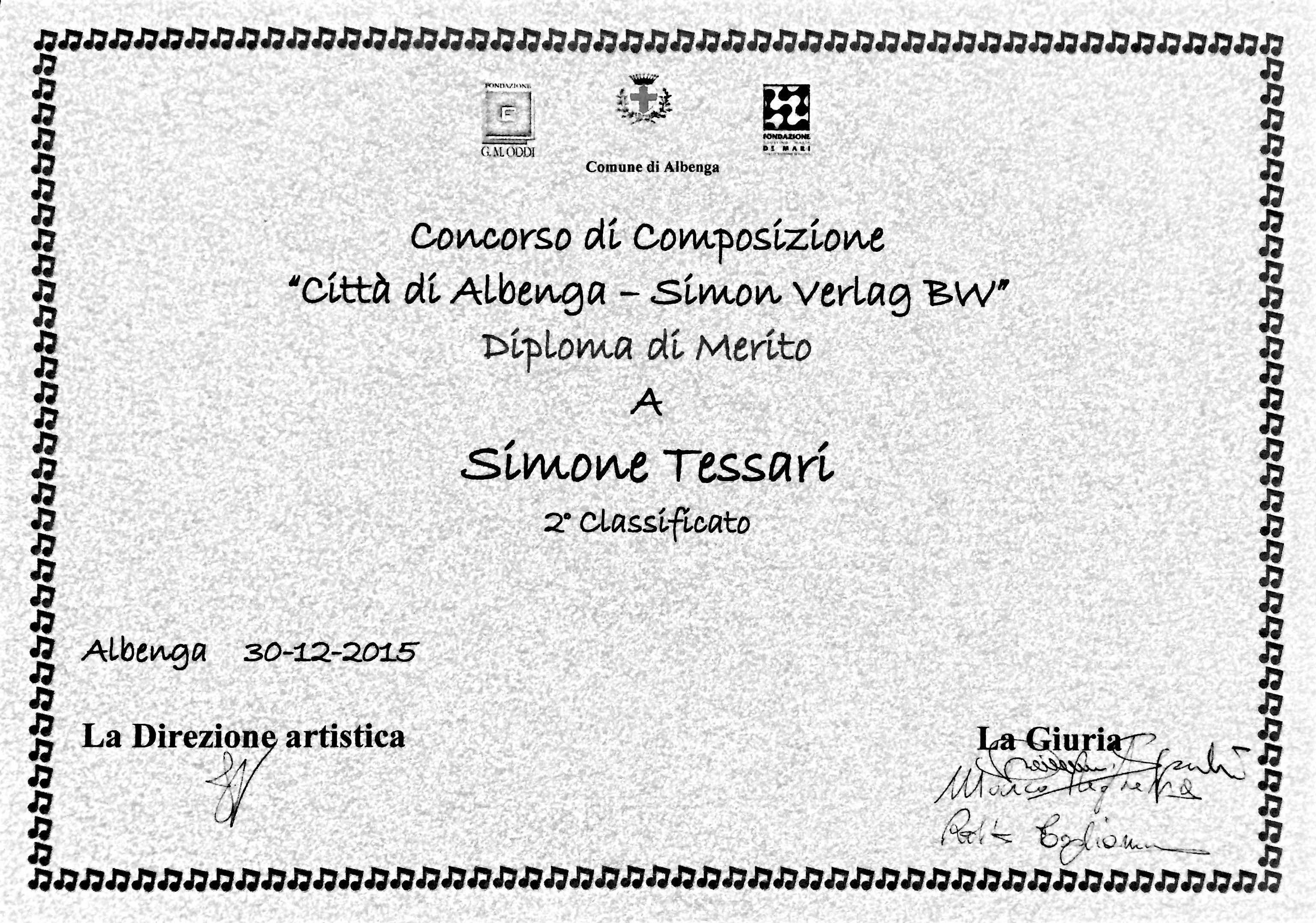 Simone Tessari, 2° Premio Concorso Internazionale di Composizione “Città di Albenga” 2015