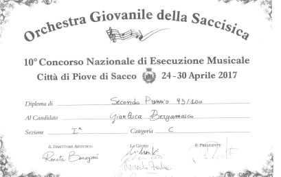 Gianluca Bergamasco – 2° Premio Concorso Nazionale di Esecuzione Musicale Città di Piove di Sacco – aprile 2017