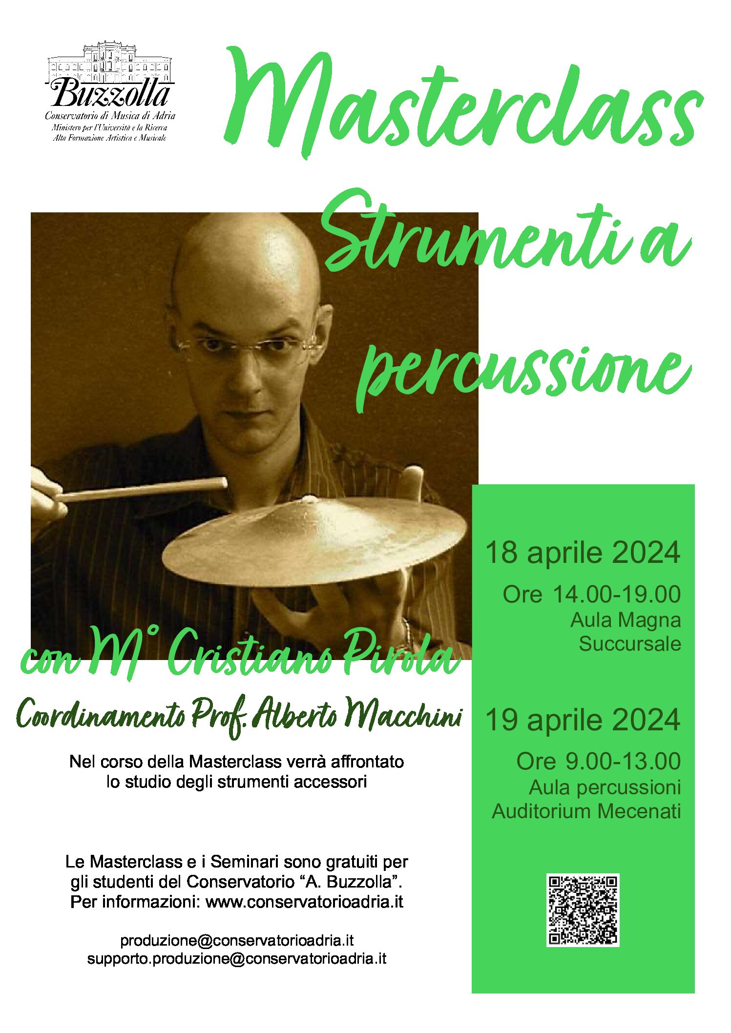 18 e 19 aprile 2024, Masterclass di percussioni con il M° CRISTIANO PIROLA